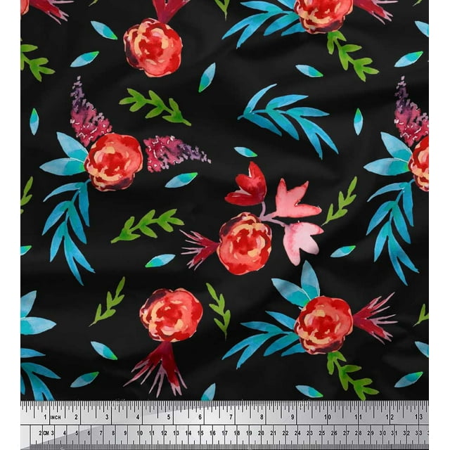 Soimoi Poly Georgette Fabric Flower & Leaves Watercolor Printed Craft Fabric by the Yard 52 Inch Wide