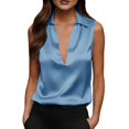 thumbnail image 2 of Women's Solid Color Satin Sleeveless Top with Deep V Neck and Turn Down Lapel Collar, Elegant Casual Blouse, for Summer Daily Wear or Office Outfits Sky Blue, 2 of 5