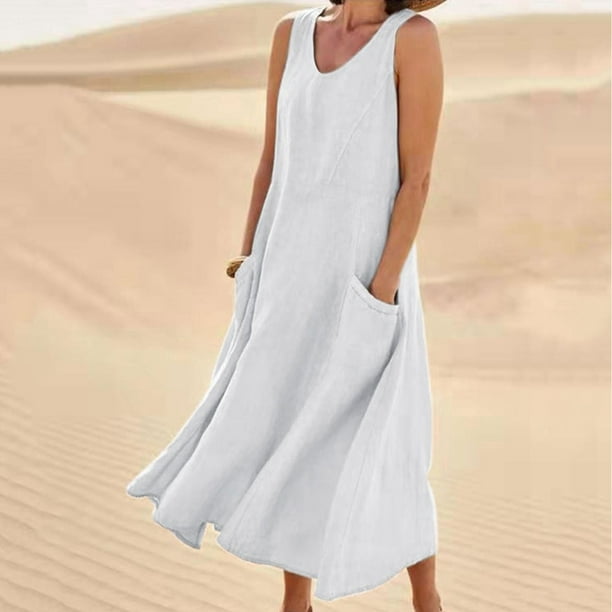 ICHUANYI Clearance Women's Summer V Neck Fashion Casual Solid Color Sleeveless Cotton Linen Long Dress(White, XL) ICHUANYI WER2023080908640