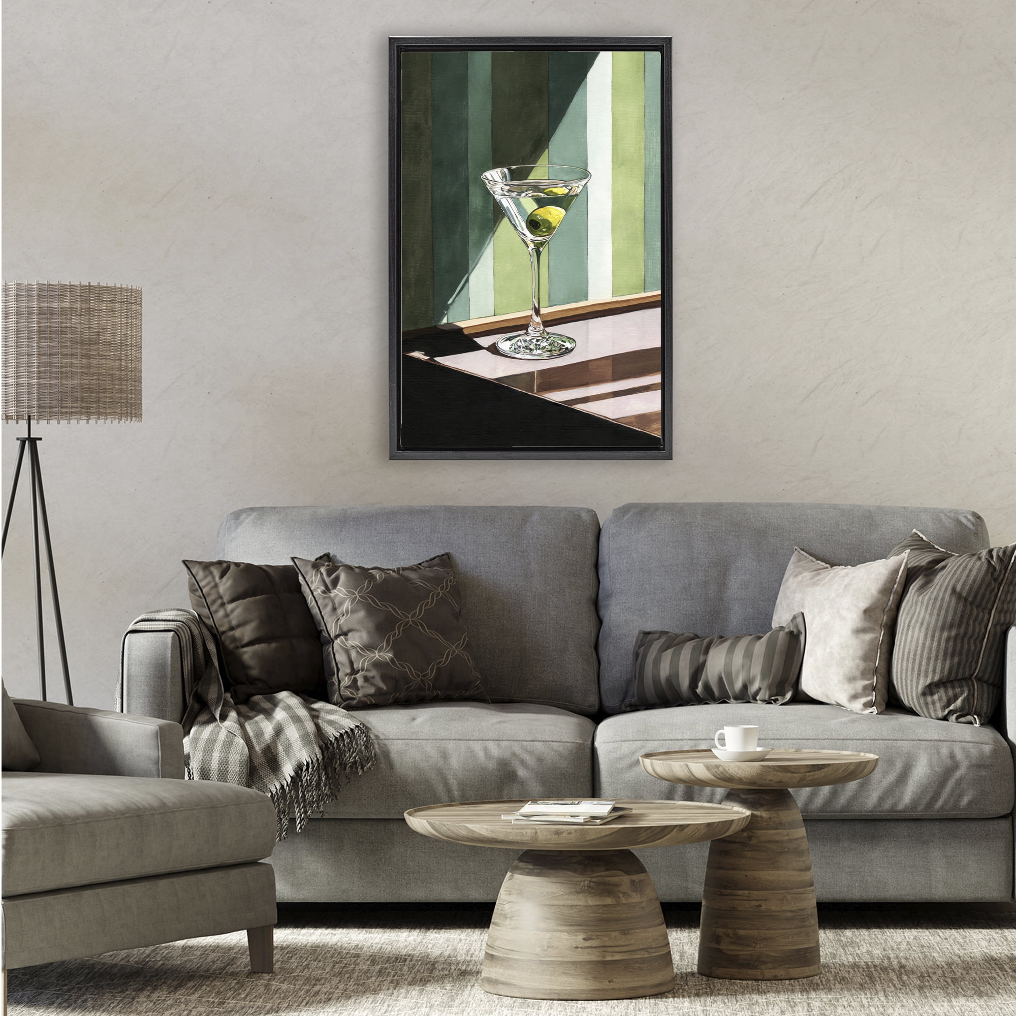 Stupell Industries Olive Martini in Sun Beam Black Framed Floater Canvas Wall Art, design by Petal Prints Design