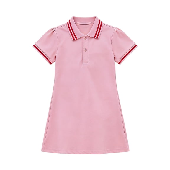 WRKEKC Girls Casual Dresses Short Sleeve Button Front Cotton Poplin Lapel Knee Length School Dress for 3-16 Years