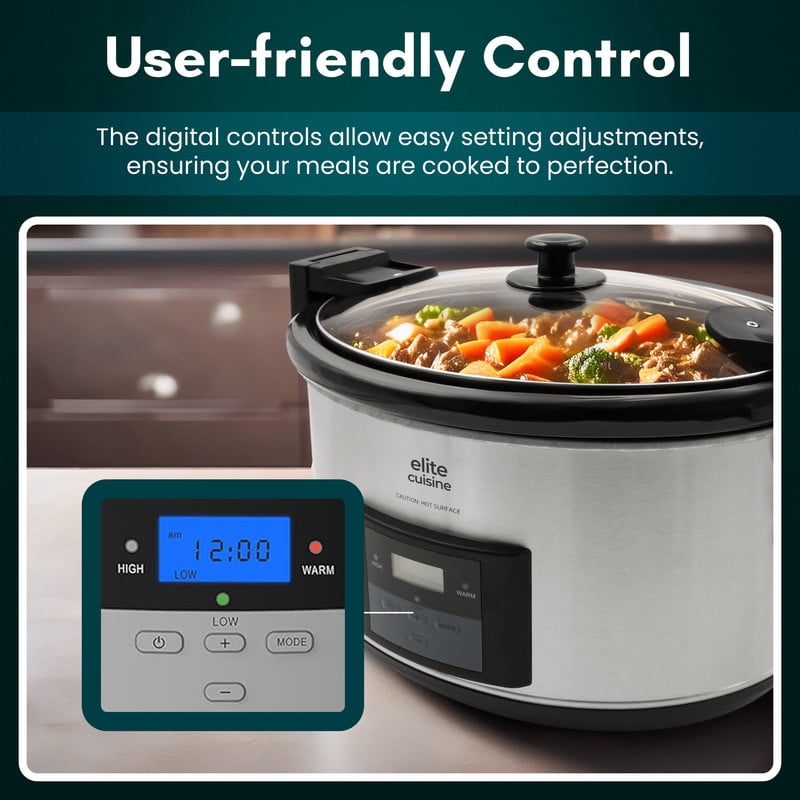 Elite Cuisine MST512 8.5Qt. Stainless Steel Programmable Slow Cooker with locking lid