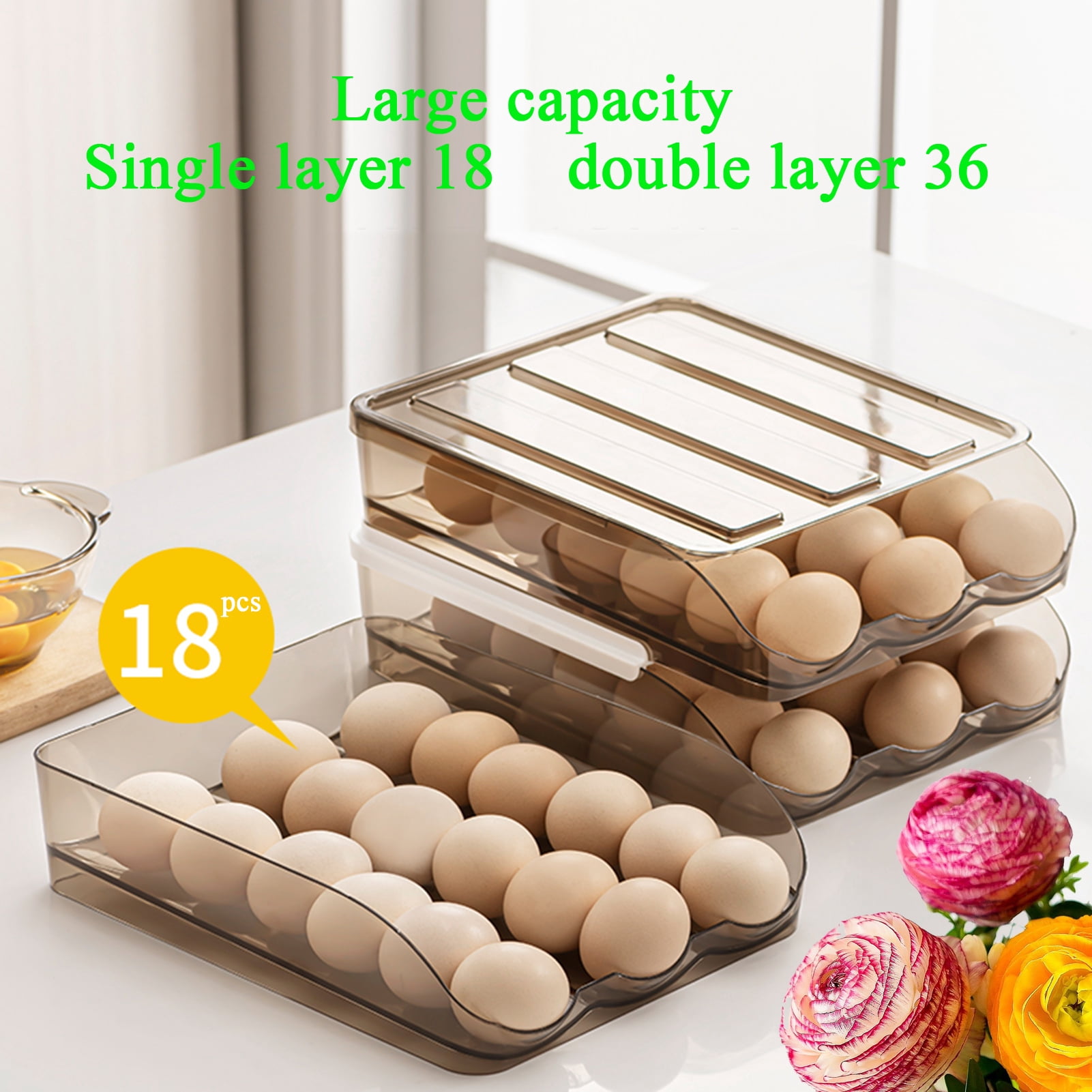 Egg Container With Lid For Refrigerator Auto Rolling Egg Holder Large Capacity Egg Organizer Tray Bins Stackable Fresh Storage Box For Fridge Plastic brown(3 Layers)