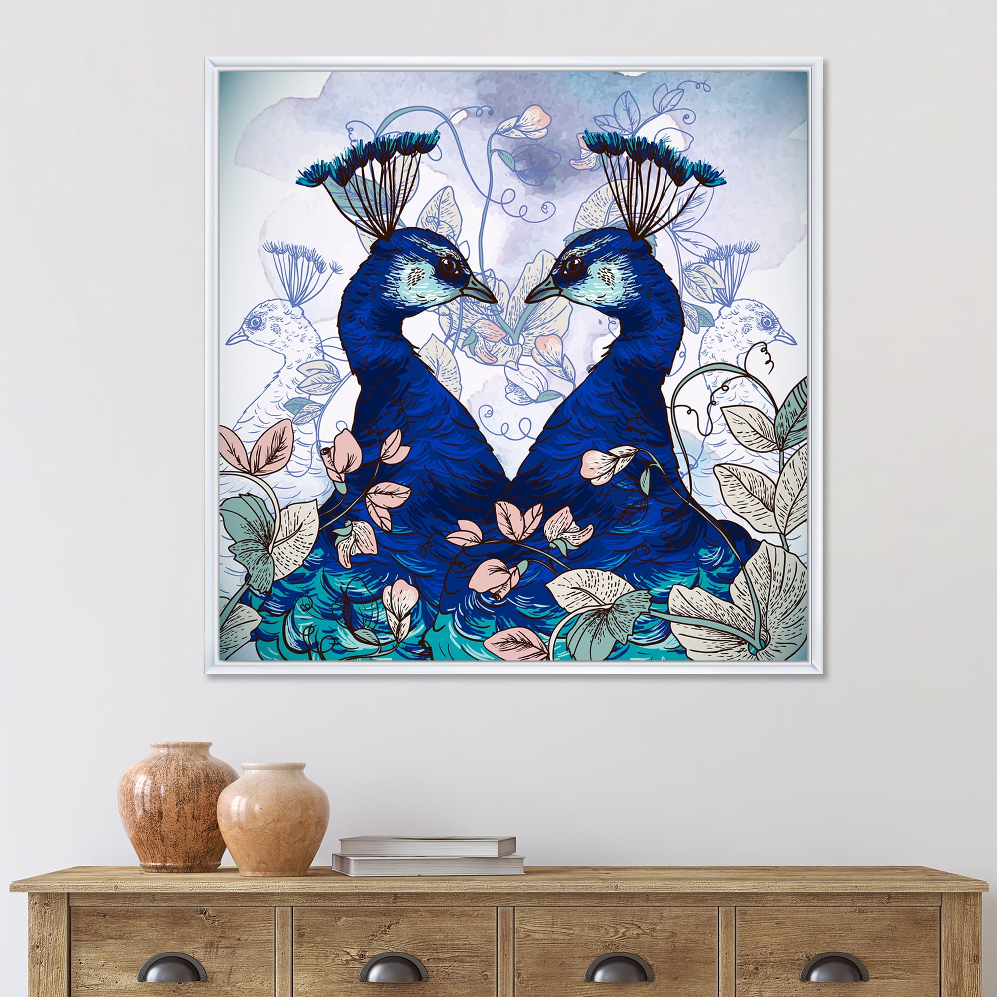 Designart 'Wildflowers With Two Blue Peacocks' Traditional Framed Canvas Wall Art Print