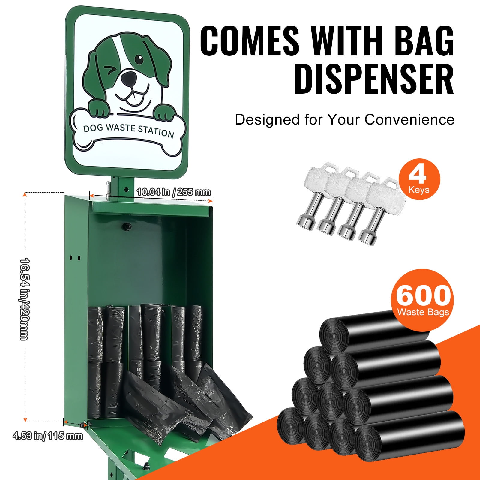 KFFKFF Canine Refuse Station, Business-grade Dog Excrement Station, 11.5 Gallons Animal Waste Container with 50 Bin Liners, Bag Distributor & 600 Disposal Bags