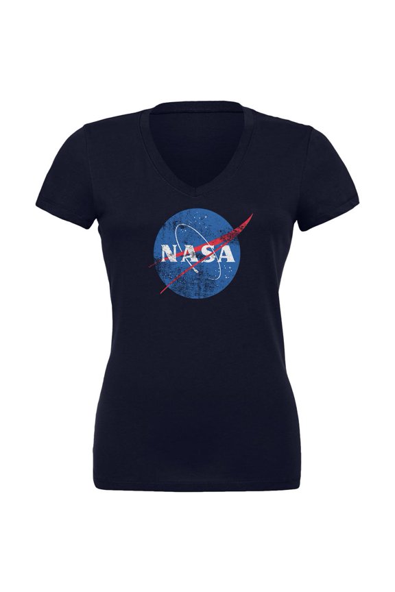 NASA Distressed Logo Juniors V-Neck T Shirt Navy 2XL
