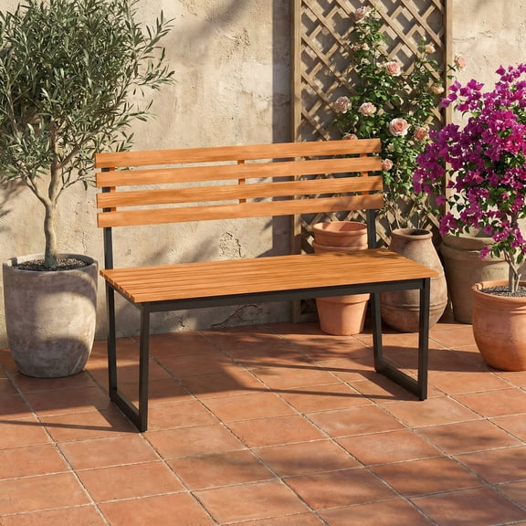 ELLEGNT Acacia Wood Outdoor Loveseat Bench with Heavy Duty Black Metal Frame & Backrest
