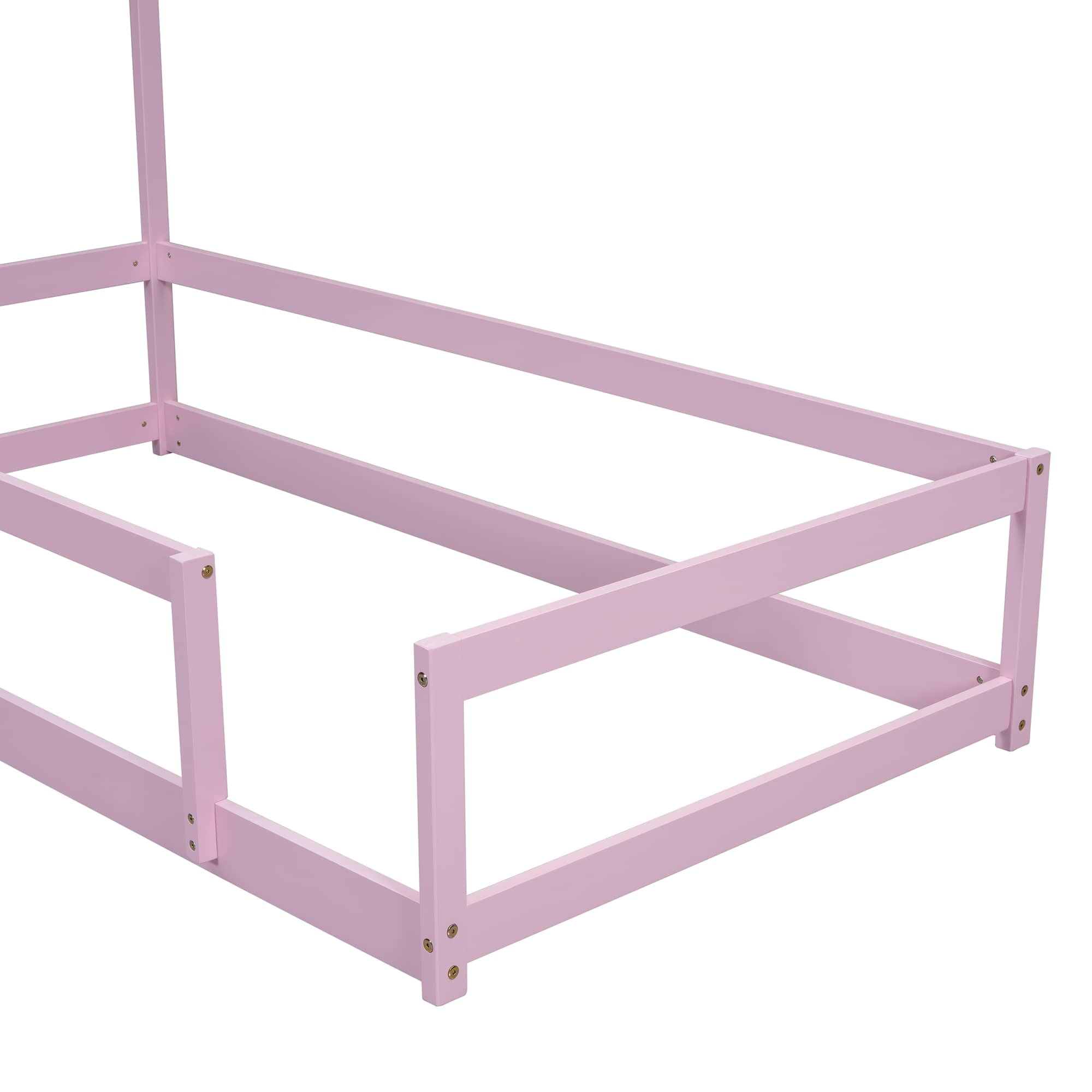 MAYEERTY Twin Size Wood Bed Frame with House-Shaped Headboard with Fences for Adult, Pink