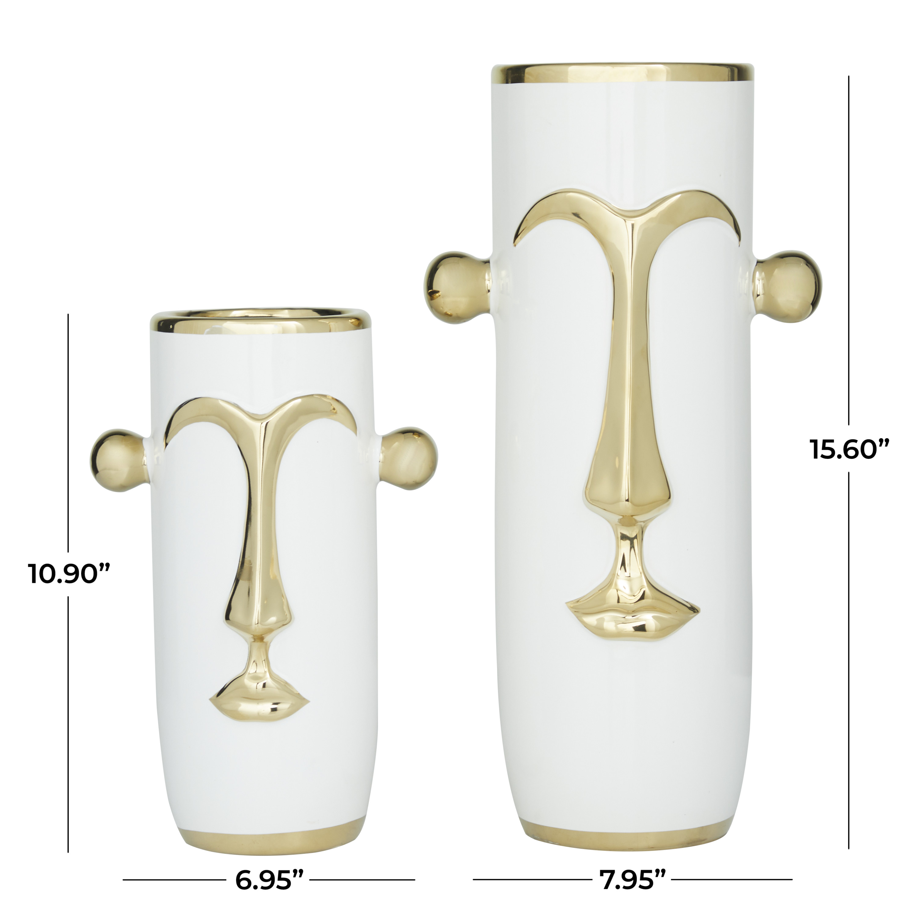DecMode 16", 11"H Face White Ceramic Vase with Gold Details, Set of 2