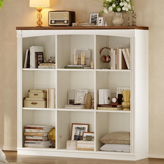9 Cube Bookshelf, 47.2''x47.9'' Storage Organizer Bookcase with Adjustable Shelves, Farmhouse Cube Shelf, 3 Tier Open Display Shelf for Living Room, Home Office, White