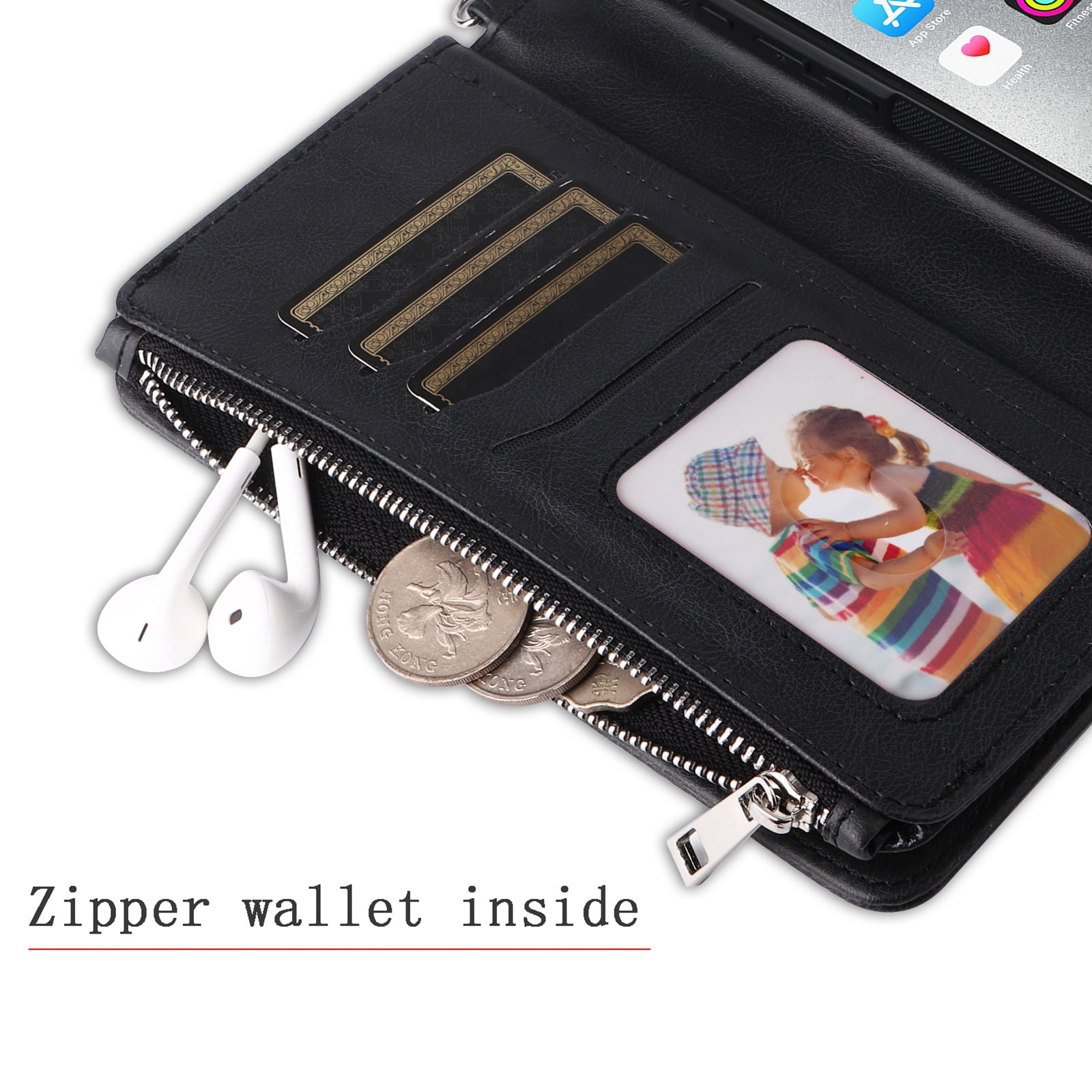 Dteck for iPhone 16 Wallet Case, 2 In 1 Detachable Protective Phone Case Women Men Kickstand flip Cover Wrist Strap Zipper Credit Card Holder Slots for iPhone 16,Black