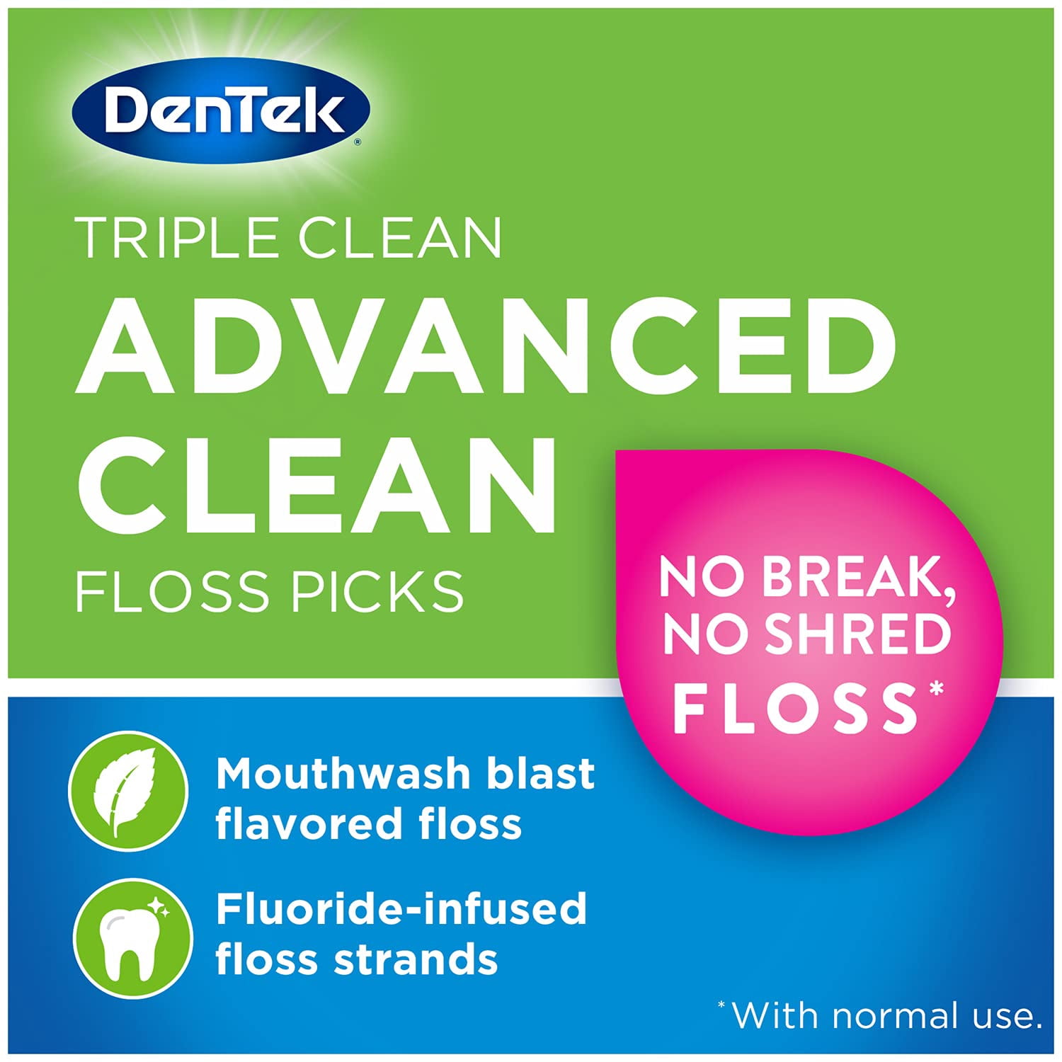 DenTek Advanced Clean Triple Clean Floss Picks, Removes Plaque and Bacteria, Micro-Textured Pick, 90 Count (Pack of 6)