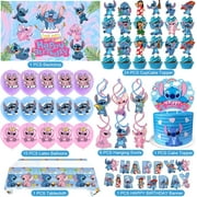 Guvpev Stitch Birthday Decorations, Stitch Birthday Party Supplies Set Include Banner, Backdrop, Balloons, Hanging Swirls, Cupcake Toppers, Tablecloth, Cartoon Party Decorations for Boys Girls