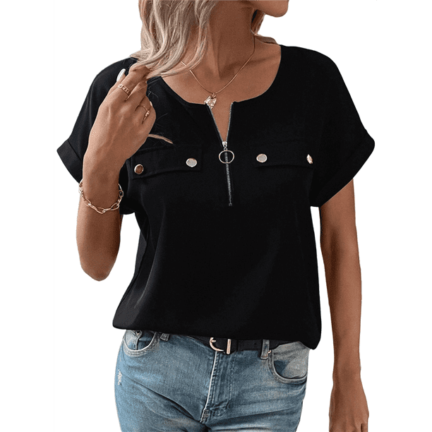 Blusa con Cremallera para Mujer, de Poliéster, con Botones, Corta y Cremallera, Ideal para el Tiempo Libre, Color Negro, Talla M