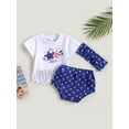 thumbnail image 2 of Infant Baby Girls Independence Day Shorts Set, Short Sleeve Letters Print T-shirt with Stars Print Shorts and Hairband, 2 of 8