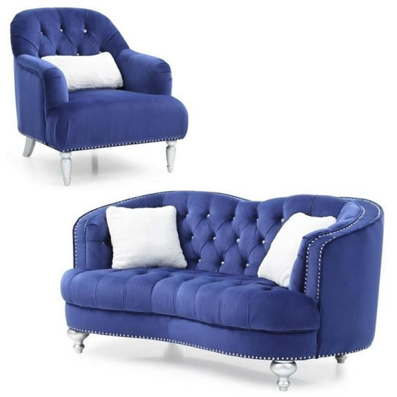 Home Square 2-Piece Furniture Set with Velvet Chair and Loveseat in Blue
