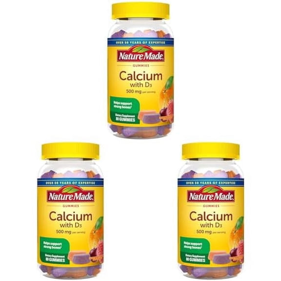 Nature Made Calcium Gummies 500 mg Per Serving with Vitamin D3, Dietary Supplement for Bone Support, 80 Gummies, 40 Day Supply (Pack of 3)