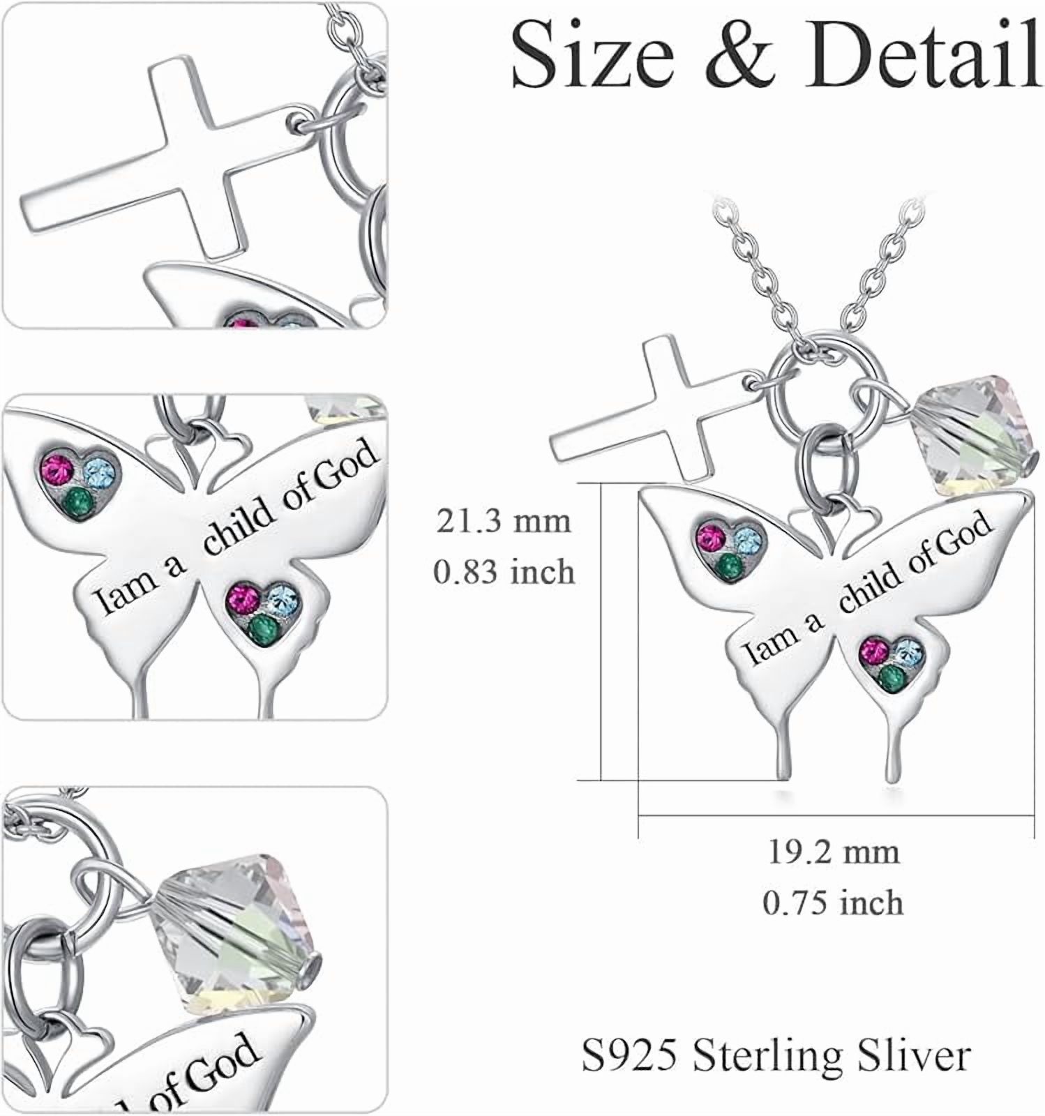 SISGEM 925 Sterling Silver Cross Butterfly Necklace Baptism Communion Birthday Conformation Gifts for Daughter Granddaughter Niece with 12 Birthstones
