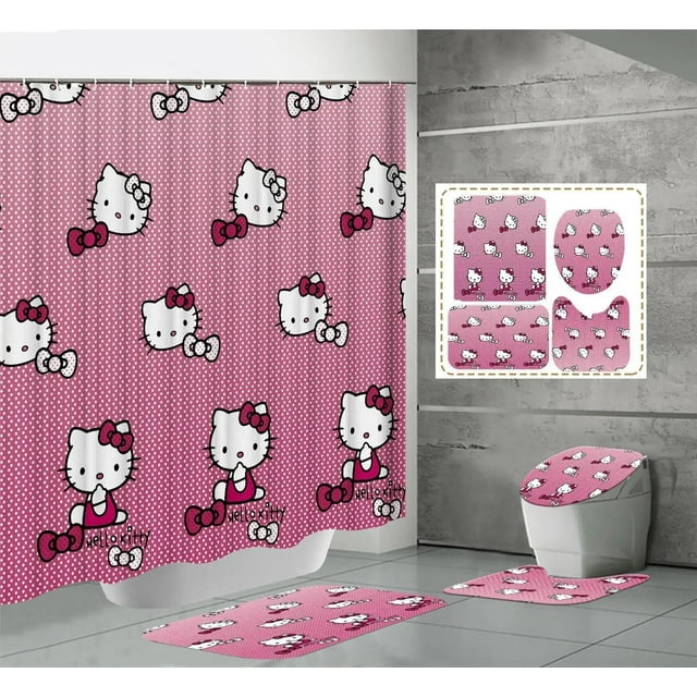 Rideau de Douche Kawaii Hello Kitty Ensemble Quatre Pièces Kit Anime Sanrio Impression Rideau de Douche Tapis Coussinet en U Imperméable Neuf LS