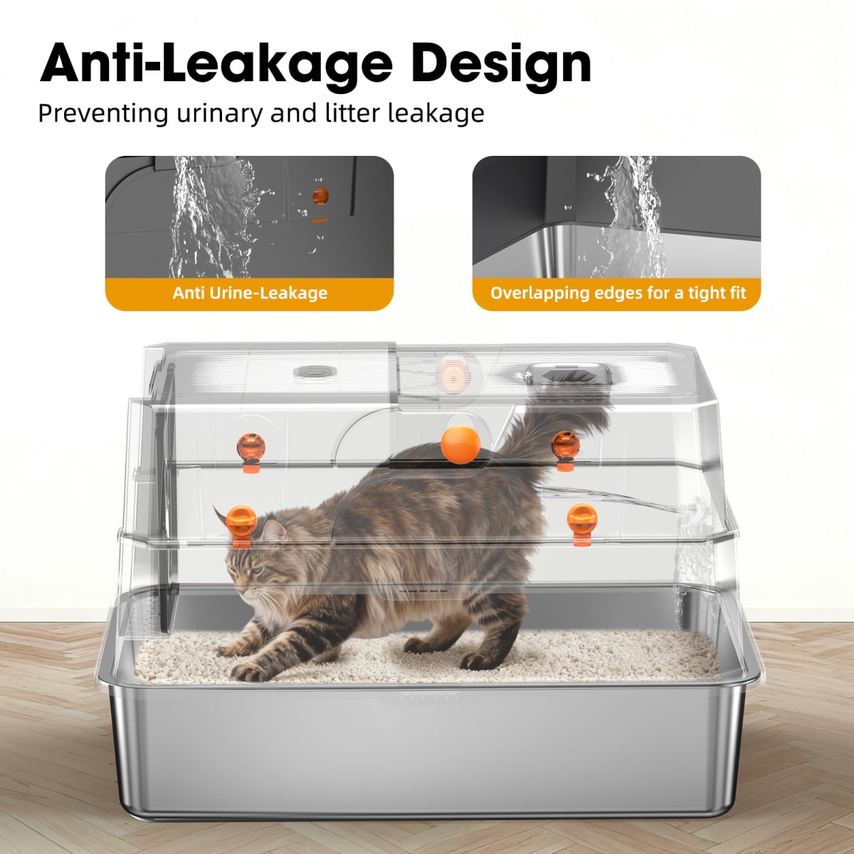 LuckyNote Stainless Steel Cat Litter Box, High-Sided with Leak Protection, Includes Scoop with Hook, Easy-Clean Odor-Resistant for Indoor Cats, Black and Silver