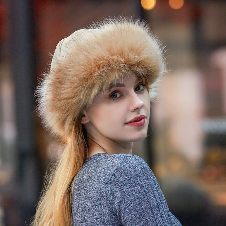 Cheers.us Women's Faux Fur Hat for Winter with Stretch Cossack Russian Style White Warm Cap Mongolian Faux Fur Suede Fluffy Beanie Warm Thick Hat Snow
