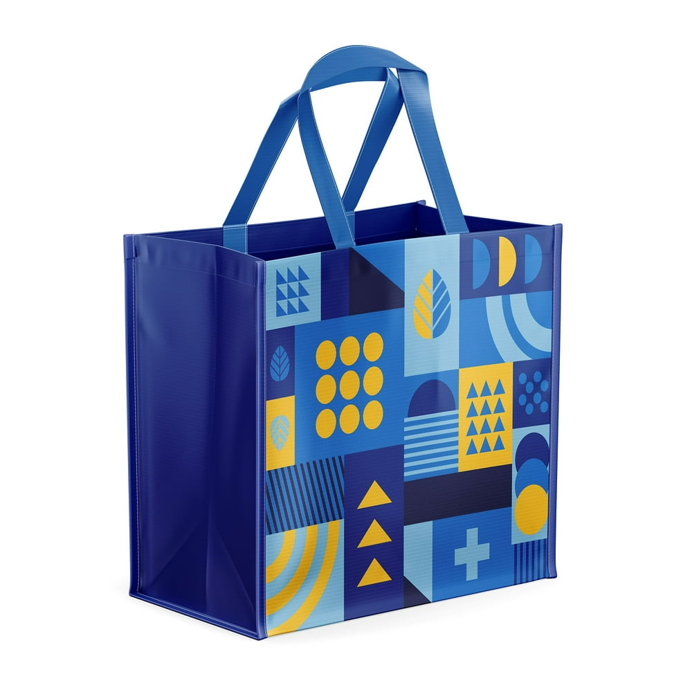 Reusable Multi Functional Wide Grocery Bag Blue And Yellow Abstract Design