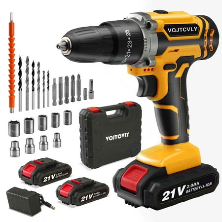 VQJTCVLY Cordless Drill, 21V Power Drill Set with 2Ah Battery, 3/8"Keyless Chuck, 25+1 Position Electric Drill, 2-Speed Transmission For Screwdriving And Drilling, Yellow