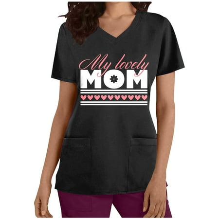 

LWZWM Scrubs for Women V Neck Tops Short Sleeve Tee Mothers Day Scrubs Pocket Shirt Mom Thank You T Shirt Black L