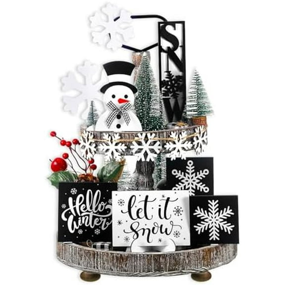 15 Pcs Winter Tiered Tray Decor Set – Black and White Snowflake Table Wood Decor, Snowman Wooden Sign, Rustic Farmhouse Coffee Bar Signs for Home Xmas Holiday Tabletop | Home Decor, Kitchen, & Other