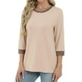thumbnail image 5 of UVEASISHA Color Block T-shirts for Women 3/4 Length Sleeve Crewneck Tops Loose Fit Mid-length Pullover Blouse Tops de moda para mujer Khaki S, 5 of 8