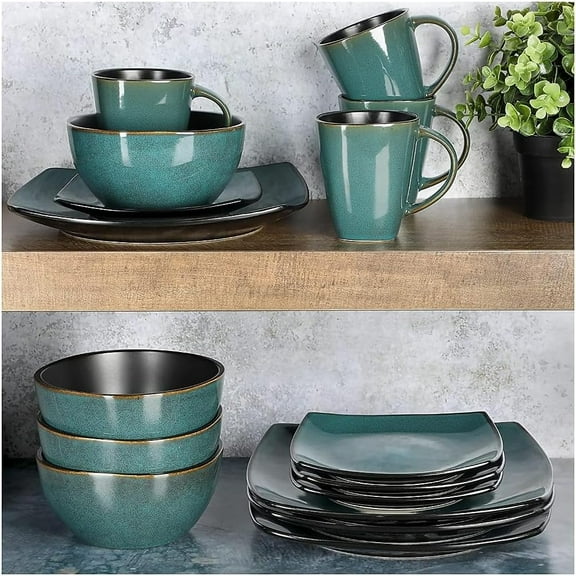 Soho Lounge 16 Piece Reactive Glaze Dinnerware Set, Soft Square, Teal Green, Service for 4 (16pc)