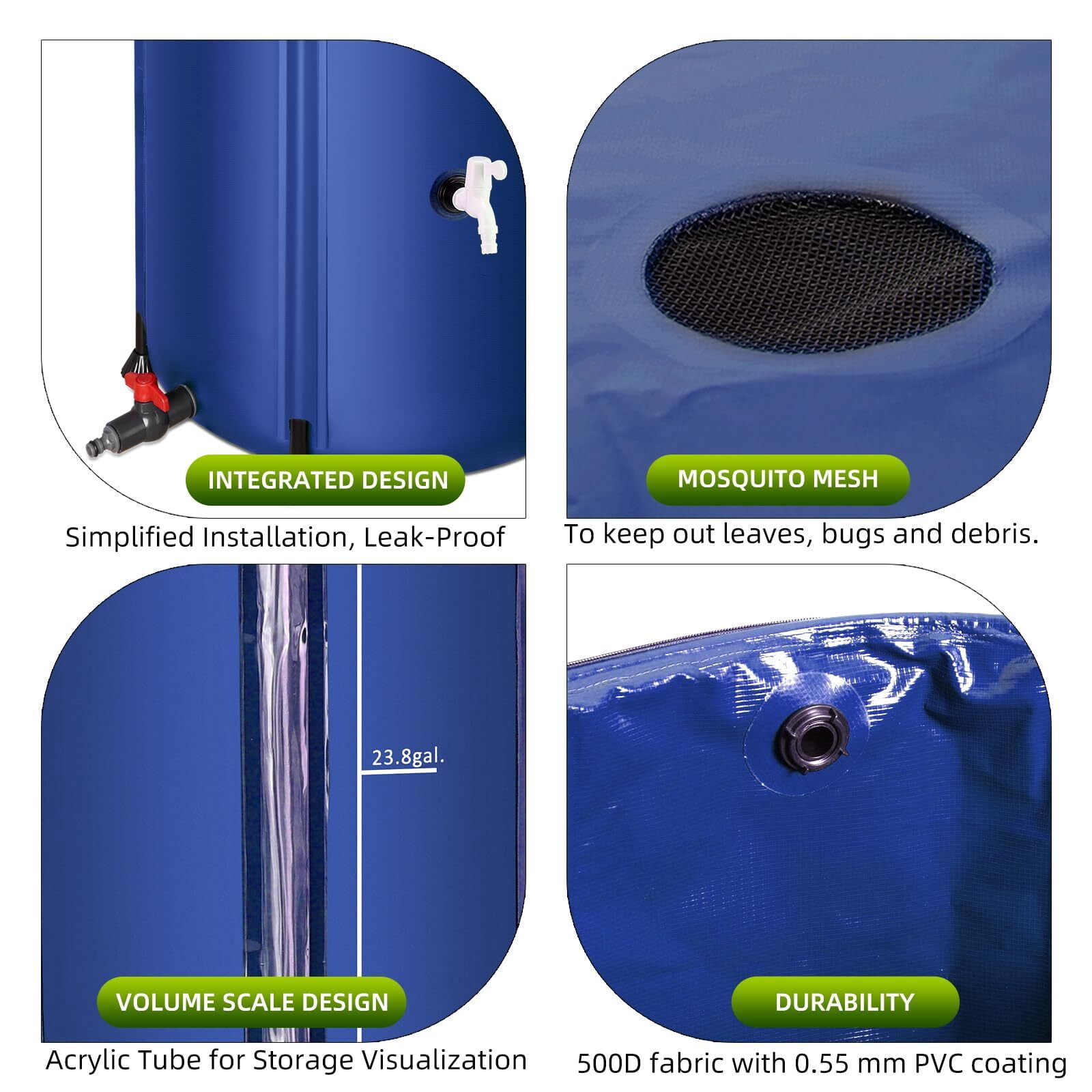 Collapsible Rain Barrel 53 Gallon Rainwater Collection Storage Tank with Garden Hose, Blue