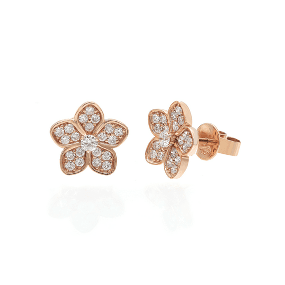Pave Set Round Cut Diamond Flower Stud Earrings 18K Rose Gold 0.52Cttw