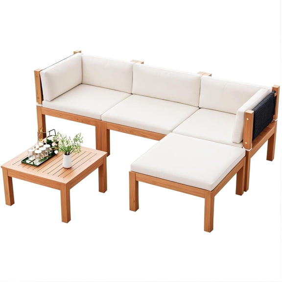 Acacia Wood 5-Piece Patio Sectional Set with Coffee Table, Outdoor L-Shaped Sofa with Removable All-Weather Cushions, White