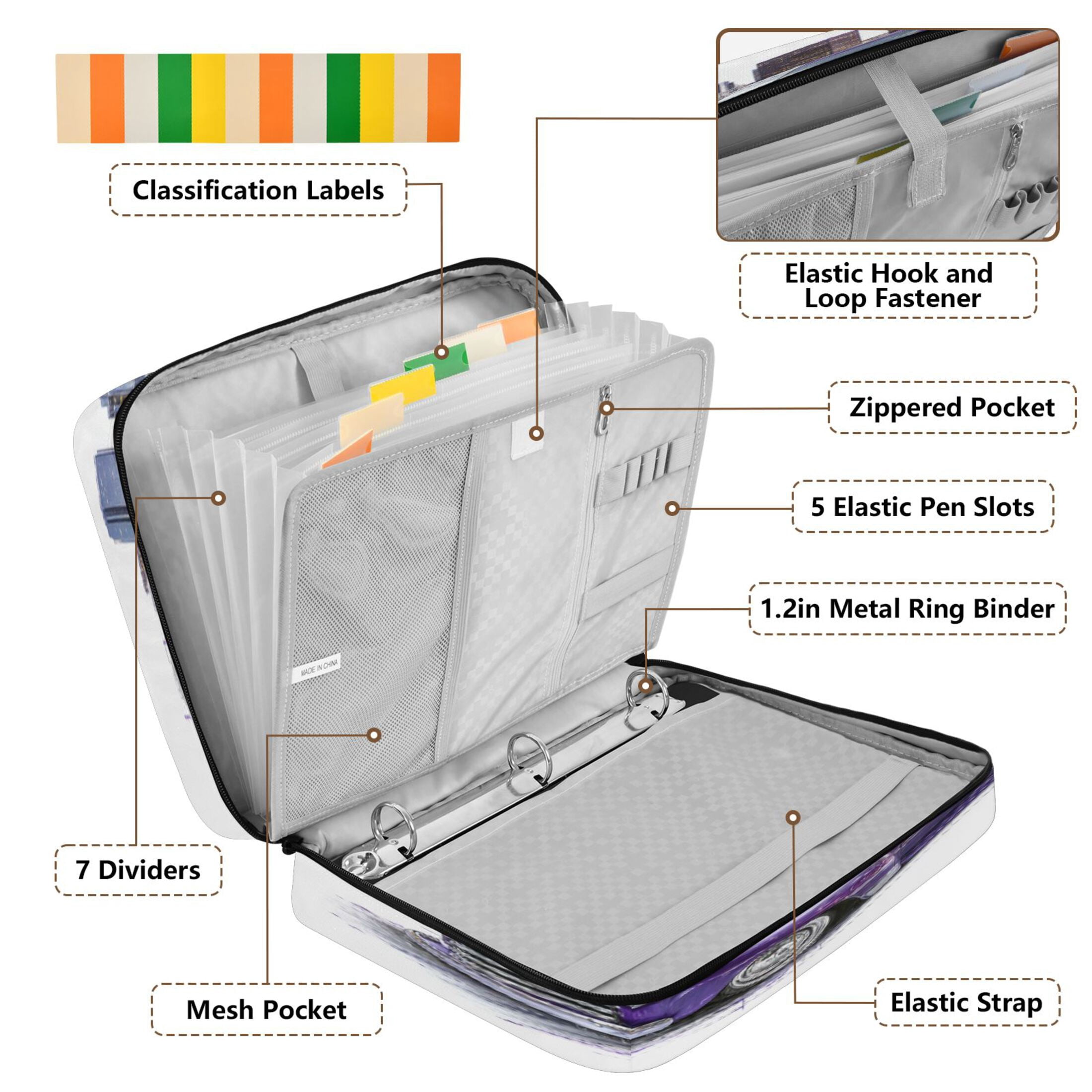 3 Ring Zipper Binder with Accordion File Organizer Waterproof Back to College Binder - 7 Layer Document Organizer for Study Home Office College Travel Supplies Vintage Purple Truck