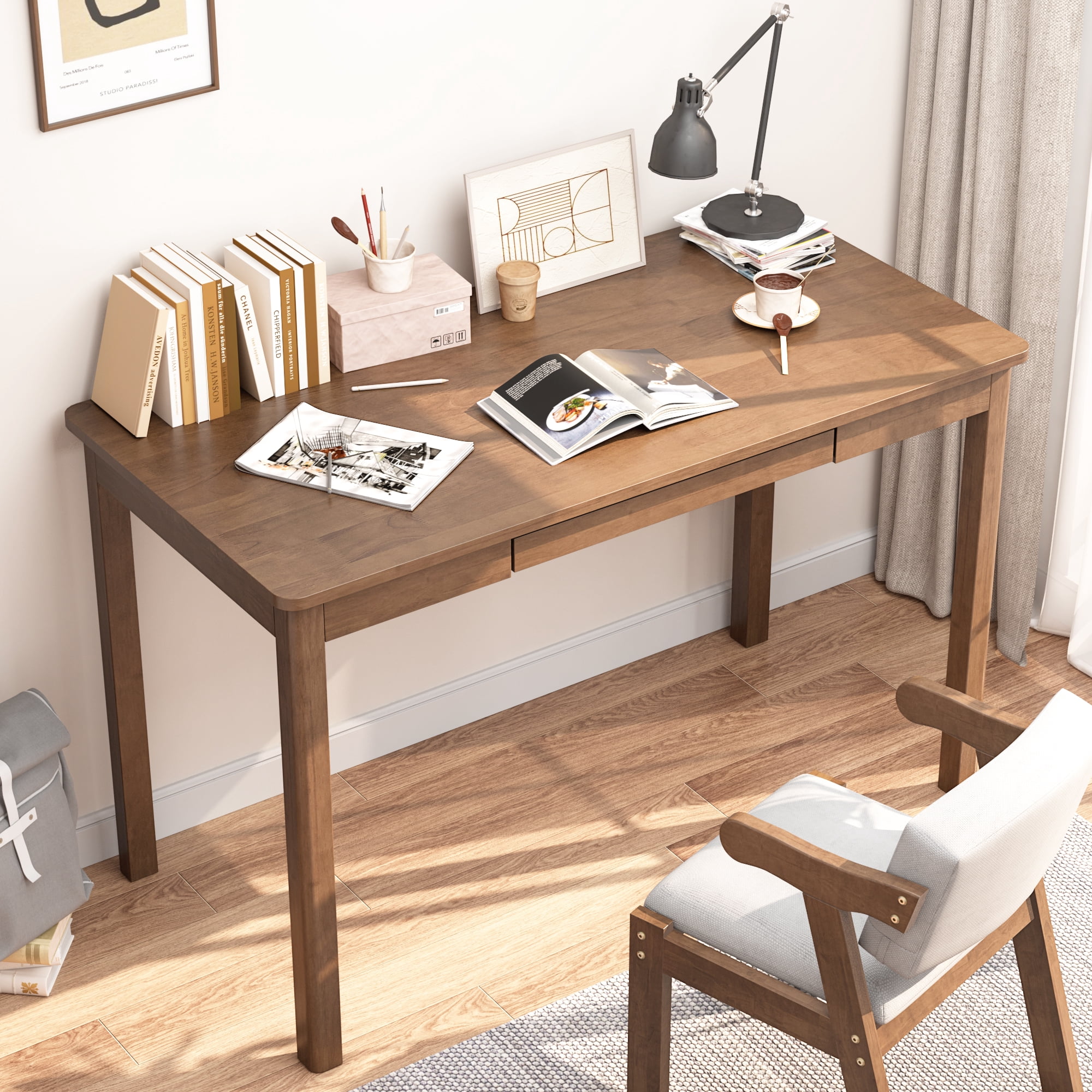 BESKADI 100% Solid Wood Desk with Keyboard Tray - 48 x 24 Inch Computer Desk with Keyboard Tray, Mid Century Modern Writing Desks, Simple Study Table Home Office Desks for Small Spaces|Bedroom-Walnut