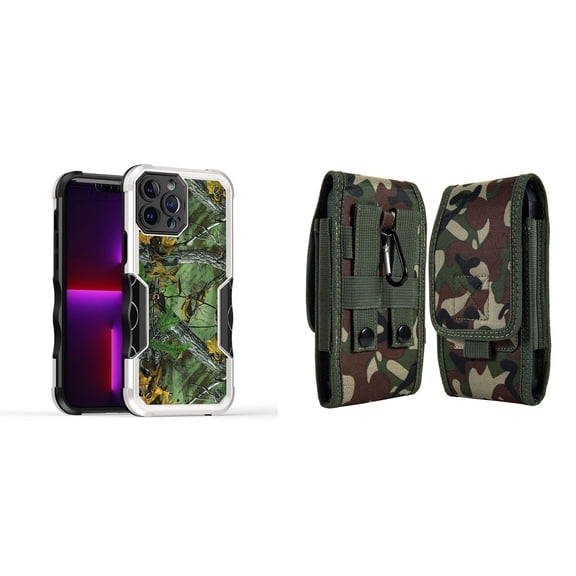 Case and Pouch Bundle for iPhone 14 Pro Max: Heavy Duty Armor Rugged Case (Hunting Camo) and Vertical Rugged Nylon Belt Holster (Green Camo)