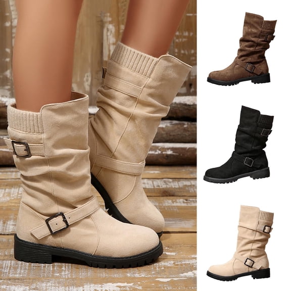 Women Buckle Strap Ruched Mid Calf Boots Faux Suede Solid Color Round Toe Block Mid Heel Winter Casual Boots Indoor Outdoor Daily Wear US Size 5 To 9 Brown