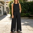 thumbnail image 2 of TEAJOPSUU Womens 2 Piece Sets Matching Lace Hem Outfits Sleeveless Crew Neck Crop Tank Tops High Waisted Wide leg Pants Sets Casual Daily Outfits Black, 2 of 7