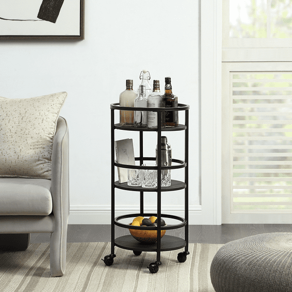 Mainstays 32" 3-Tier Rolling Round Kitchen Storage Bar Cart, Black