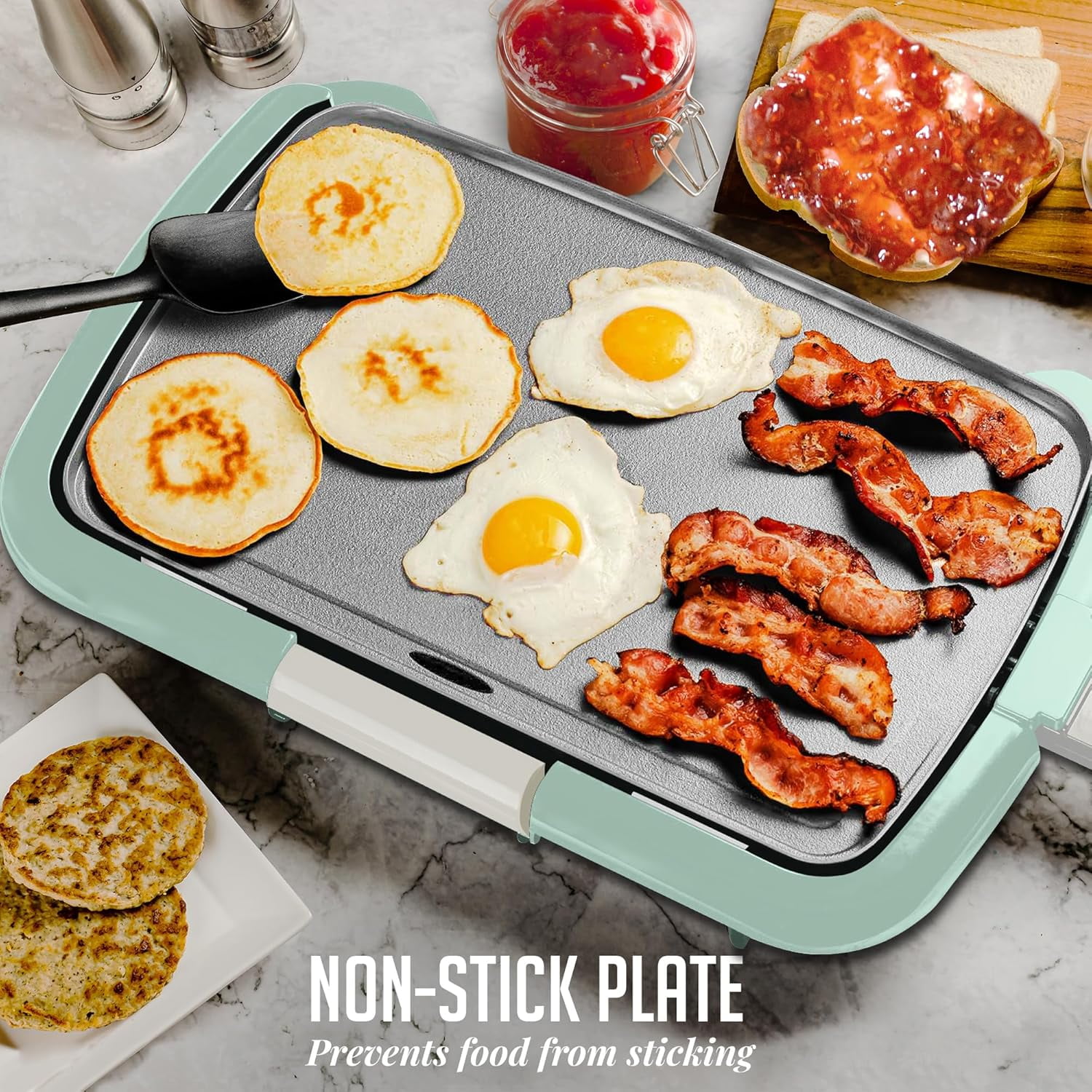 OVENTE Electric Griddle with 16 x 10 Inch Flat Non-Stick Cooking Surface, Adjustable Thermostat, Essential Indoor Grill for Instant Breakfast Pancakes Burgers Eggs, Blue GD1610LBL