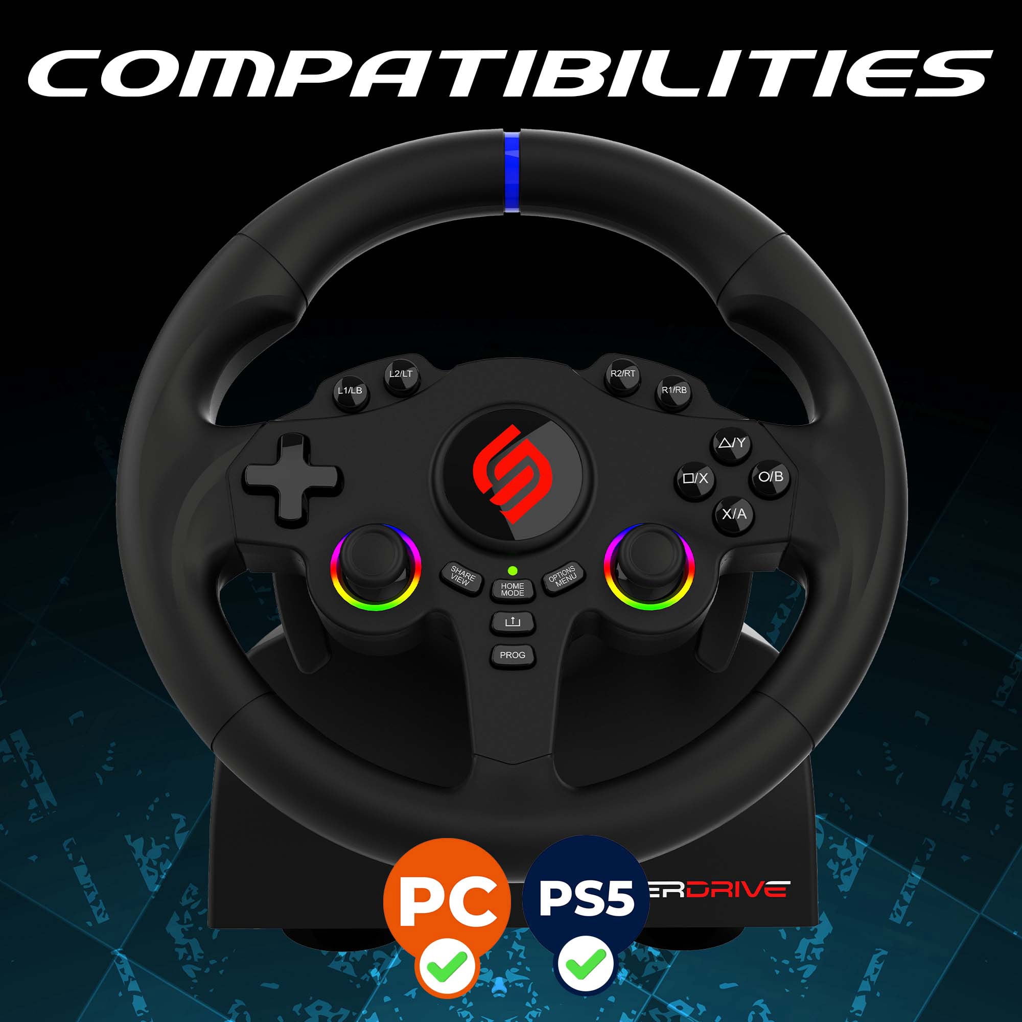 Subsonic - Superdrive 220 RS-5 Steering Wheel - PS5 Racing Wheel with Dual Joysticks, 180° Rotation, Pedals and Paddles. Compatible with PS5 and PC - Black