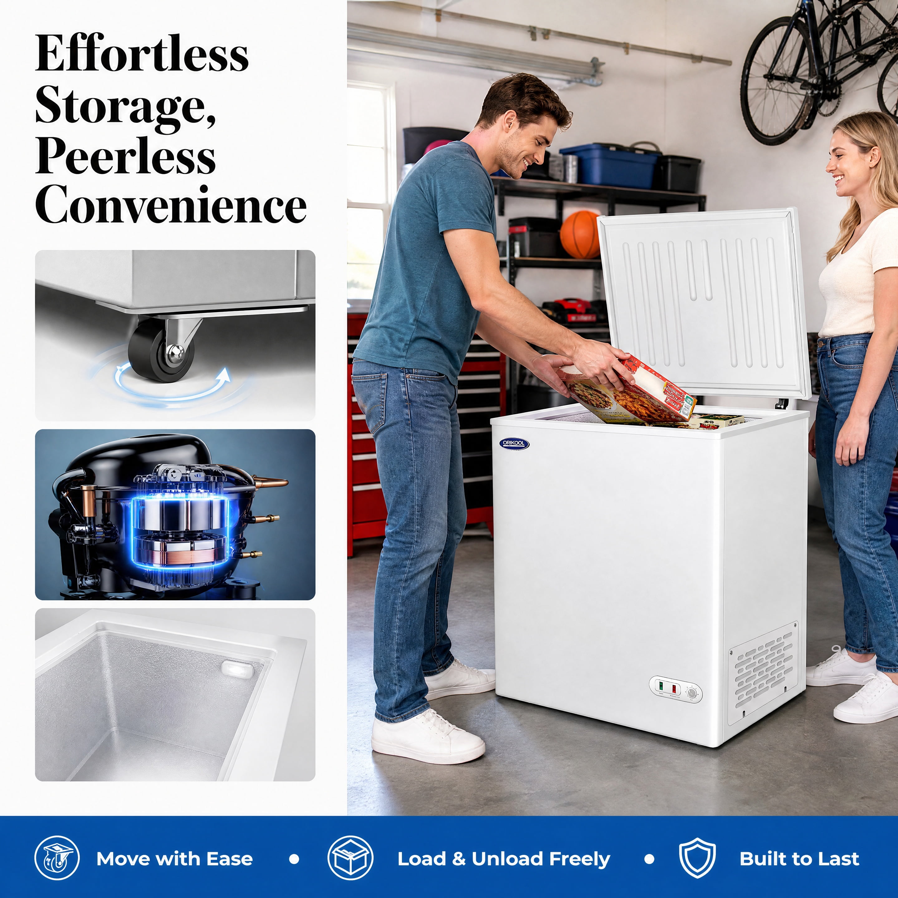 5.0 Cu.Ft Solid Top Chest Freezer 30.35"x22.05"x33.46", Lockable Stay‑Open Lid Manual Defrost Deep Freezer with Mobility Wheels, R290 Energy‑Efficient Freezer for Home