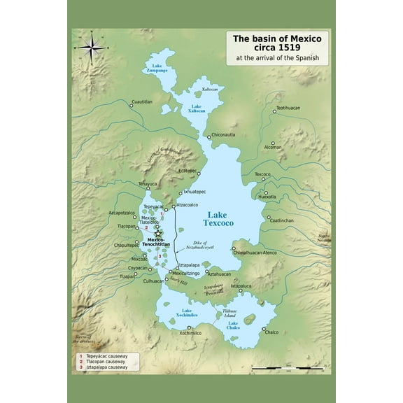 24x36 gallery poster, Map of The Valley of Mexico with the locations of the main city states in 1519, Aztec