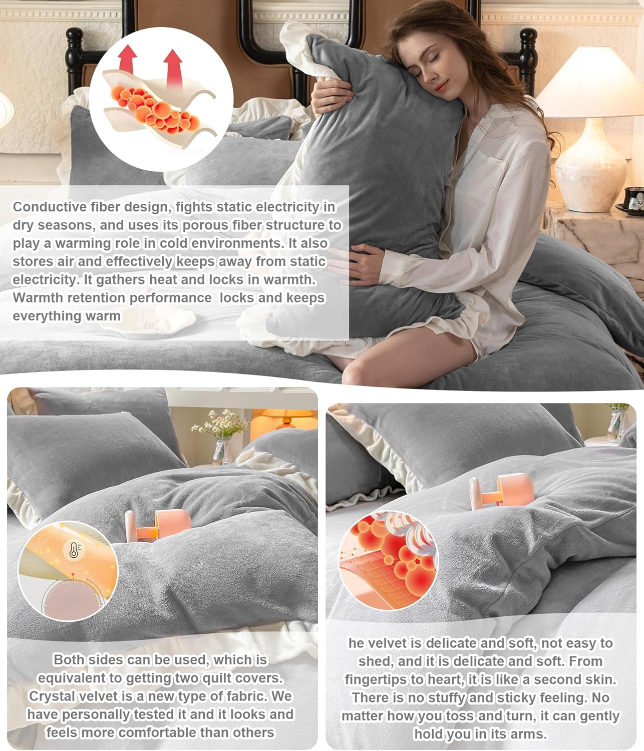 Velvet Duvet Cover, Queen Size Luxury Ultra Soft Fluffy Duvet Cover Set, Winter Crystal Velvet Duvet Covers with 2 Plillowcase, Gray, 90''x90''