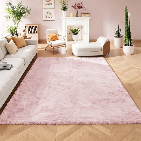 Goolela Bedroom Rug 5x7 Pink Fluffy Rug for Living Room Furry Faux Rabbit Fur Rug Fuzzy Shaggy Area Rug for Grils Room
