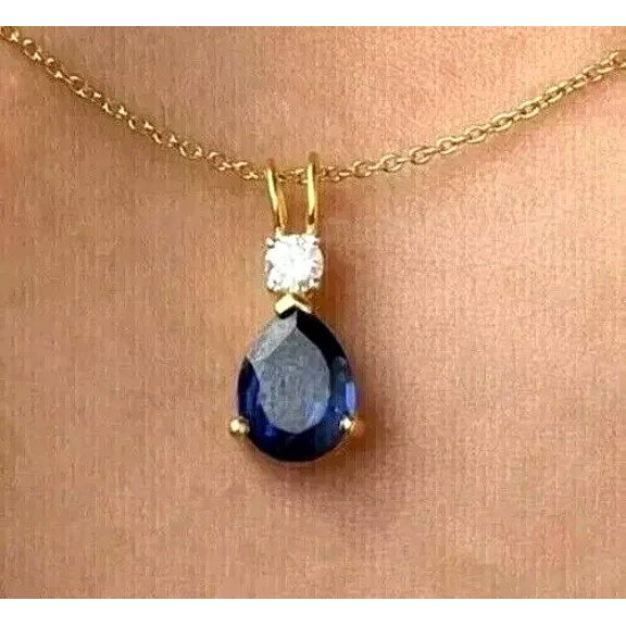 2Ct Pear Cut Simulated Blue Sapphire Solitaire Pendant 14k Yellow Gold Plated