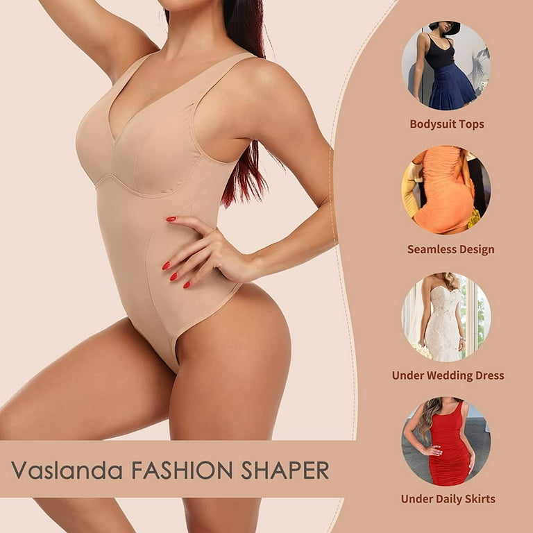 Vaslanda Women Thong Shapewear Bodysuit Tops with Built-in Bra Pads Smooth Tummy  Control Body Shaper 