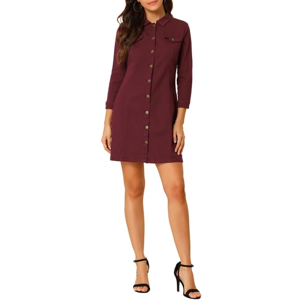 Vestido de mezclilla para mujer INSPIRE CHIC con mangas 3/4, botón, mini vestido de camisa de mezclilla, talla XS, burdeos