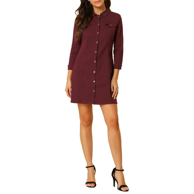 Vestido de mezclilla para mujer INSPIRE CHIC con mangas 3/4, botón, mini vestido de camisa de mezclilla, talla XS, burdeos